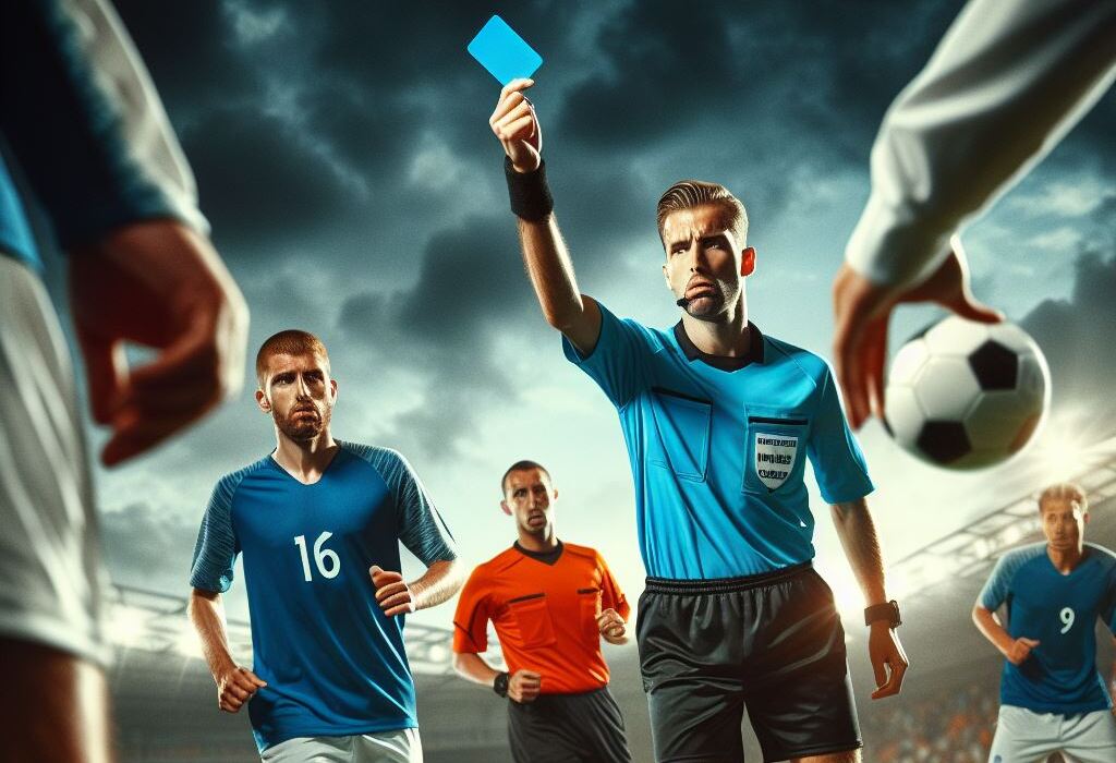Imagen de IA de un árbitro mostrando una tarjeta azul